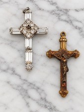 Vintage Cross Pendant Lot of 2 Rhinestone Silver Tone & Ornate Bronze Crucifix picture