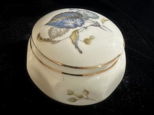 Vintage Porcelain Trinket Powder Box Blue Leaf Forget-Me-Not Gold Trim Lidded picture