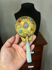 Brass Hand Mirror with Gemstones, Jade Handle and Butterfly Decor - Vintage picture