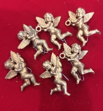6 Vtg Miniature 1-1/4” Gold Cherub Angels With Instruments Christmas Ornaments picture