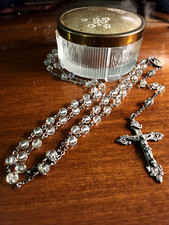 Vintage Art Deco HMH Sterling Silver Crystal Beaded Rosary & Vtg Deco Powder Box picture