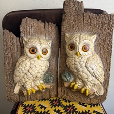 Vintage 1970s Owl Plaque Wall Hanging Set White Brown Ceramic Cottage Country picture