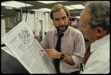 Photo:Tony Auth cartoonist 1980 newspaper office print making picture