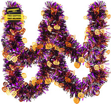 33FT Halloween Tinsel Garland, Pumpkin Metallic Twist Foil Tinsel Garland Pumpki picture