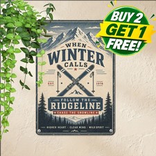Majestic Mountain Peaks Beckoning Hiking Art Metal Sign Rustic Cabin Plaque picture