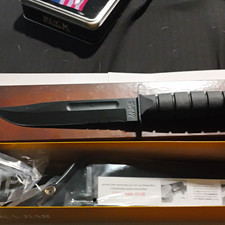 KA-BAR USMC Combat Knife Black Clip Point Combo Edge Carbon Steel w/Sheath picture
