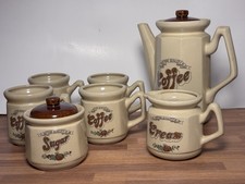 Vintage 70s Asake Japan Ceramic Coffee Pot Mug Set Retro Tan Crazing Mushroom picture