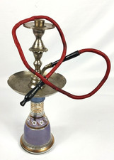 Vintage 1980s Brass Hookah Water Tabaco Pipe Purple Glass Base 18” 1 Hose picture