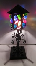 MCM Rare Marked Peter Marsh Chunk Glass Wrought Iron Wood Base Lamp 22 1/2