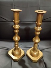 Pair Antique Mid 19th Century Diamond Faceted Brass Beehive Candlesticks England picture