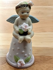 Vintage Miniature Porcelain Angel Sitting on Thimble Floral Figurine 2.25 inches picture