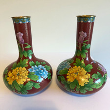 Vintage Pair Chinese Cloisonné Oxblood Red Peony Vases –Matching Set, 1970s MINT picture