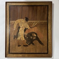 Vtg Mid Century Wood Inlay Marquetry Matador Bullfighting Scene 10x12” Estonia picture