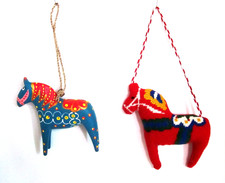 2 Scandinavian Dala Horse Ornaments 1 Painted Wood & 1 Petit Point 4
