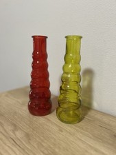 Vtg MCM Bubble Hoop Bud Vases Lot of 2 Ruby Red & Olive Green Ringed Glass 8