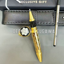 HOT MB Gold Engraved Rollerball Pen Black Enamel Emblem Leather Pouch Rare picture