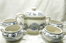 Vintage Nantucket Sea Life Blue/White Soup Tureen w/ 4 Chowder Bowls picture