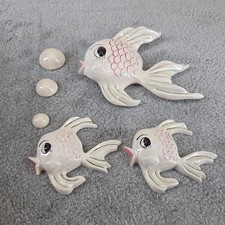 Vtg MCM Ceramic Angel Fish Wall Plaque Lot 3 Family Bubbles White Pink Shinny picture