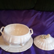 Soup Tureen Ceramic Huge Vintage/Rare Handmade 3-Piece Cram toned picture