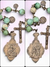 St Rita St Clare Padre Pio Stigmatist Saints Chaplet -9 Beads -Bronze Green Jade picture
