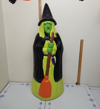 NEON GREEN-GREEN FACED WITCH W~ORANGE BROOM General Foam Plastics Blow Mold RARE picture