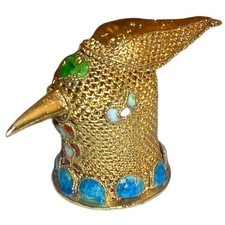 Antique Chinese Export Gilt Filigree Enamel Bird Head Thimble Qing Dynasty picture