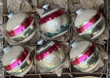 Vintage Shiny Brite Made In USA Mica Stripe Stencil Glass Ornaments  picture