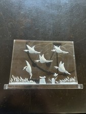 Purk Signed Vintage Hand Etched Lucite or Acrylic Geese Art ~9” Wide x 6” Tall picture