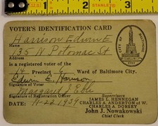 Antique Vintage 1939 City Of Baltimore Paper Voter's Registration Card Maryland picture