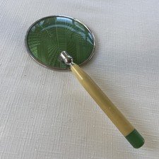 Antique Art Deco Green Guilloche Enamel Hand Mirror Celluloid Handle Patina picture