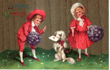 ANTIQUE EMBOSSED BIRTHDAY Postcard     BOY AND GIRL IN RED, PUPPY ON RED LEASH picture