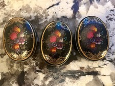 Vintage Small Oval Tins - Multi Flowers on Black MetalBoxesSet of Three England  picture
