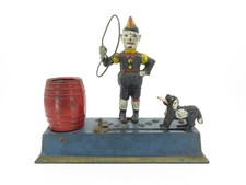 1910s Cast Iron Mechanical Bank TRICK DOG w/ CLOWN Solid Base By Hubley Mfg picture