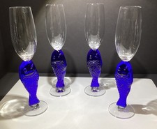 4 RARE SCHOTT ZWIESEL cobalt Blue Art Glass Fish Stem Champagne Glasses Signed picture