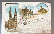 Postcard 1899 Gruss aus Nürnberg Litho Lorenzkirche Rathaus Heidenturm Used picture