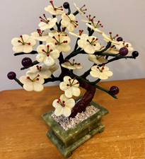 Vintage Chinese Jade Glass Bonsai Tree White Cherry Blossom Celadon Stone Pot 9