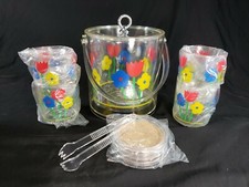 VTG NEW Ice Bucket Tumbler Set Tongs Coasters Floral NOS Party Time Plastic    picture