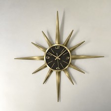 Retro Starburst Sunburst Wall Clock MCM Gold Metal Brown Dial Handmade Silent picture