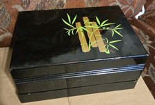 Vtg Wooden Black Lacquer Poker Chip Card Box Case W Dominos Bamboo Motif picture