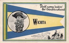 Wichita KS Kansas Pennant Cowboy Western Flag Horse Riding c1913 Vtg Postcard F2 picture