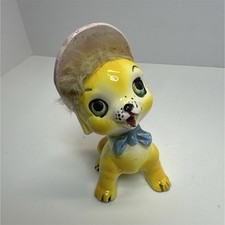 Vintage 1960s Japan Big Eye Puppy Dog Figurine Pink Hat Faux Fur MCM Kitsch picture