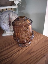 VTG Indiana Glass Amber Stars & Bars Fairy Lamp Light Candle Holder - Excellent picture