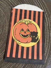 Vintage 1940-60s Halloween Treat Paper Bag w/ Pumpkin and Black Cat picture