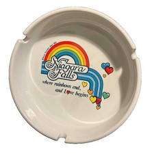 Vintage 1983 Niagara Falls Ceramic Ashtray Rainbow Hearts Souvenir Kitsch picture