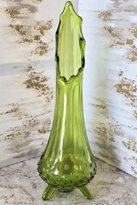 Vtg LE Smith Swung Vase 13” Avocado Green Glass 3 Toe Hobnail Mid Century picture