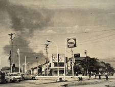 Mid-Century Japan Street Scene Shell Gas Station Fire Smoke Snapshot Photo  picture
