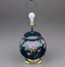 Vintage Nathan Glass MCM Table Lamp Hand Blown Black Floral Globe Brass 28in picture