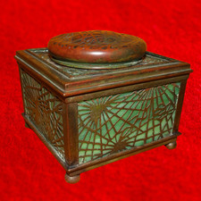 Tiffany Studios Antique Pine Needle Inkwell #844 Green Favrile Glass All Intact picture