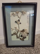 Vintage Asian Shadow Box Art 3D Framed Wall Bird Flowers picture