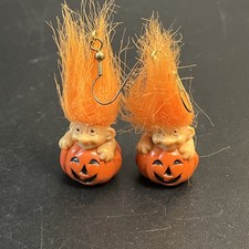Vtg Russ Orange Halloween Trolls In Jack O’ Lantern Pumpkins Earrings Pierced picture